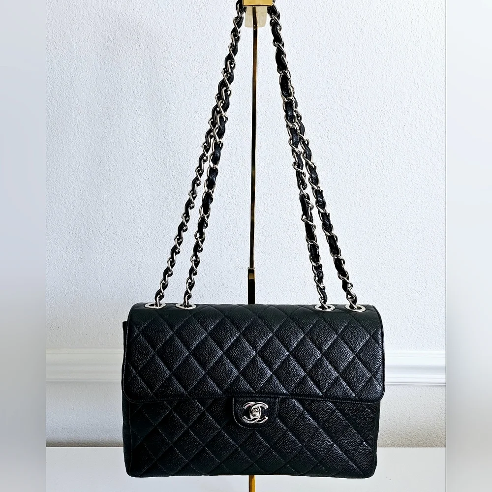 Chanel Black Quilted Caviar Leather Classic Jumbo Single Flap Bag